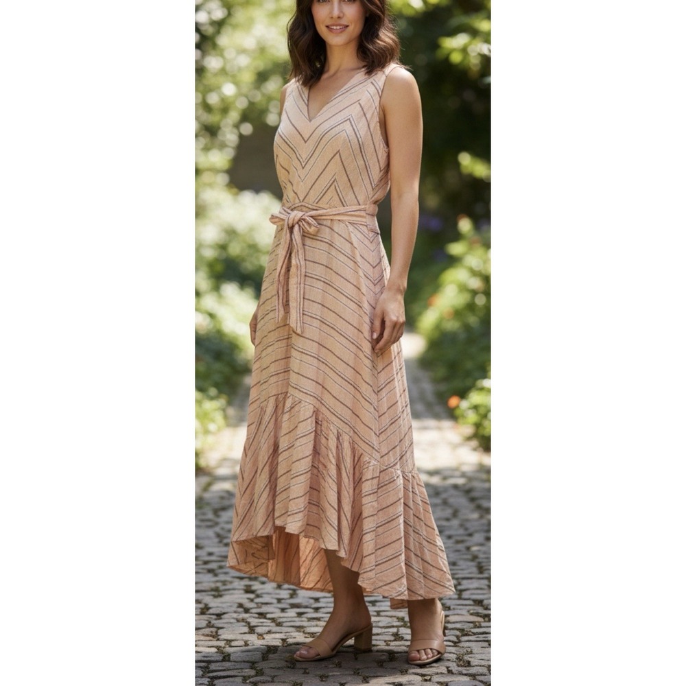 Calvin Klein 12 Linen Striped Belted Maxi Dress Boho Summer Resort Coastal Peach